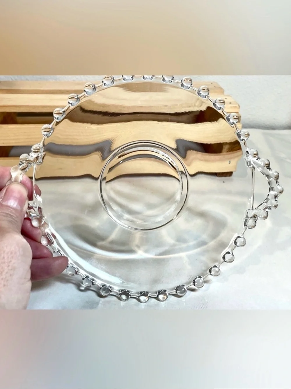Imperial Glass “Candlewick” Beaded Edge Handled Serving Bowl Matching Underplate